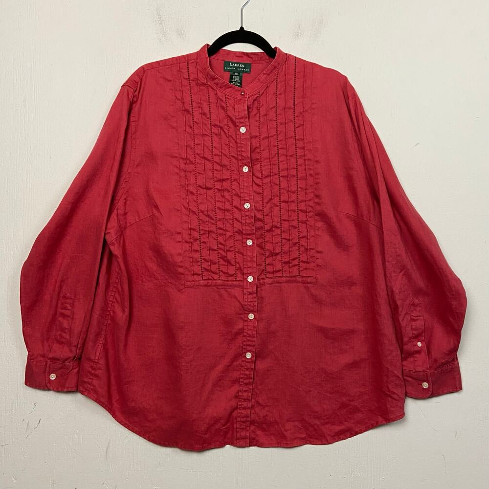 Ralph Lauren Women's 100% Linen Red Pintuck Mandarin Collar Blouse Top Size 2X - Picture 2 of 12
